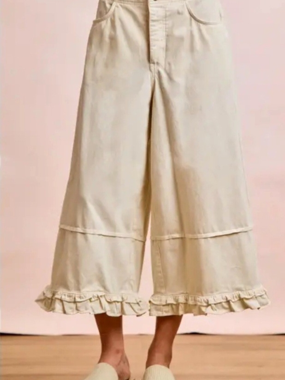 BiBi Cream Wide-Leg Ruffle Hem Jeans